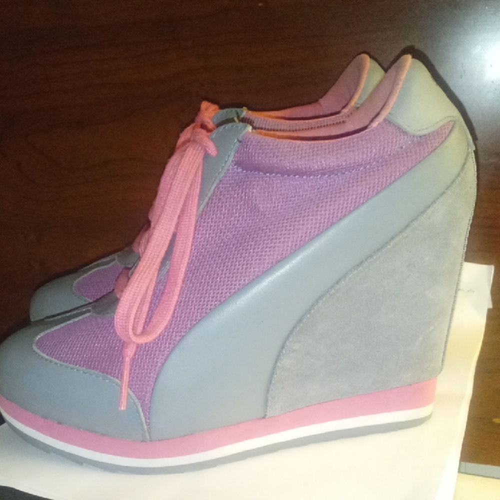 PUMA Gray and Pink Wedge Sneakers with Thick Sole